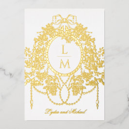 Invitación Con Relieve Metalizado Boda Monograma Rosa Rococó Francés con Hoja de Oro