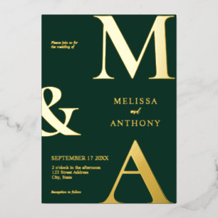 Invitación Con Relieve Metalizado Boda Monograma Verde Esmeralda Minimalista Moderna