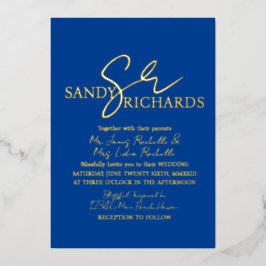 Invitación Con Relieve Metalizado Boda Monogramado Blue Gold