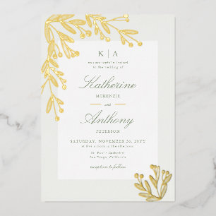 Invitación Con Relieve Metalizado Boda Monogramas de Muérdago Elegante Invierno Oro