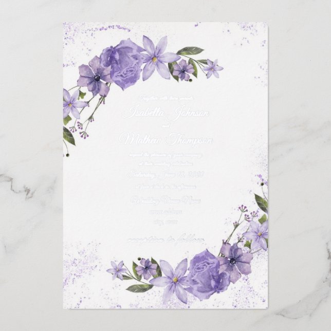 Invitación Con Relieve Metalizado Boda morado floral (Anverso)