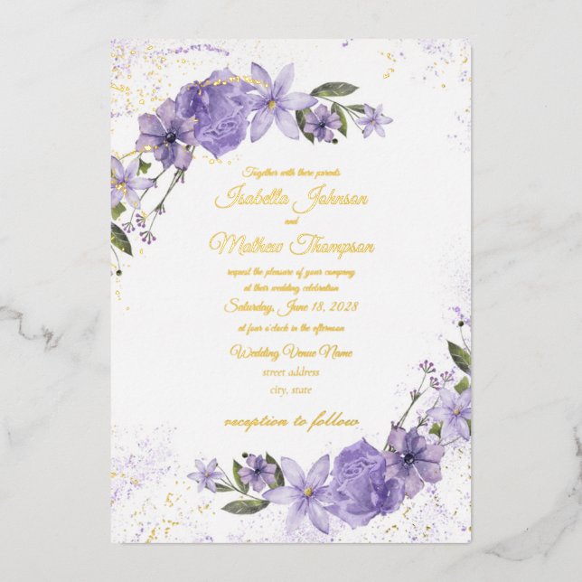 Invitación Con Relieve Metalizado Boda morado floral (Anverso)