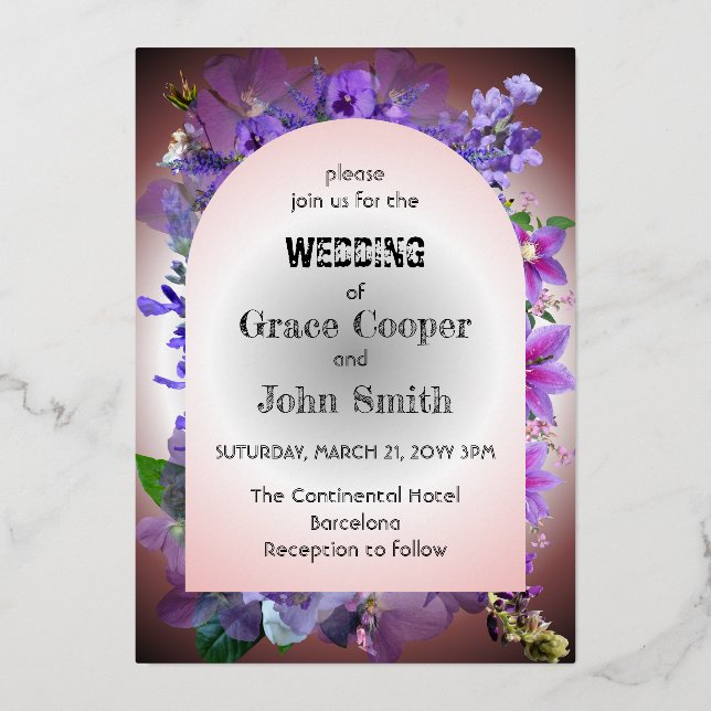 Invitación Con Relieve Metalizado Boda morado floral (Anverso)
