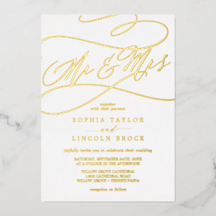 Invitación Con Relieve Metalizado Boda Mr & Mrs Caligrafía Romántica con Hoja de Oro