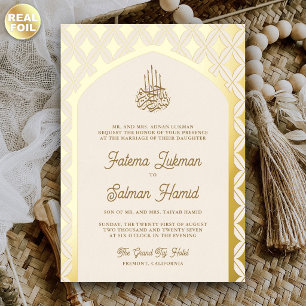 Invitación Con Relieve Metalizado Boda Musulmana Arco de Diamantes Cream Gold