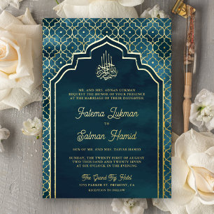 Invitación Con Relieve Metalizado Boda Musulmana Arco Morisco Azul Oceánico Dorado