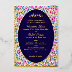 Invitación Con Relieve Metalizado Boda musulmana azul oro real ornada árabe