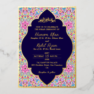 Invitación Con Relieve Metalizado Boda musulmana azul oro real ornada árabe