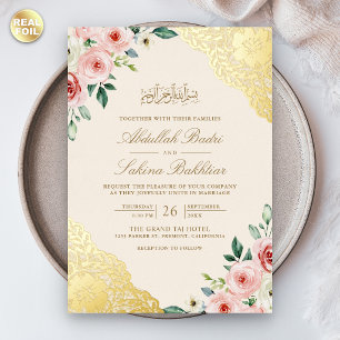 Invitación Con Relieve Metalizado Boda Musulmana Código QR de Encaje Crema Floral Ro