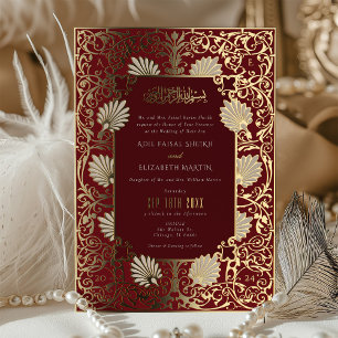 Invitación Con Relieve Metalizado Boda musulmana con acentos de oro y rojo en lámina