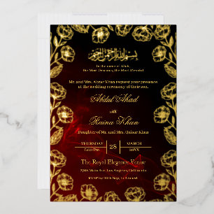 Invitación Con Relieve Metalizado Boda Musulmana con Floral Rojo Real y Hoja de Oro