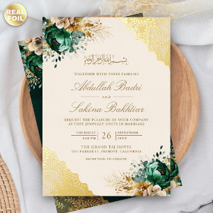 Invitación Con Relieve Metalizado Boda Musulmana Crema de Encaje Dorado Floral Esmer
