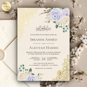 Invitación Con Relieve Metalizado Boda Musulmana de Encaje Dorado Floral Púrpura Cre