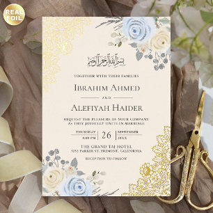 Invitación Con Relieve Metalizado Boda Musulmana de Encaje Dorado y Floral Azul Crem