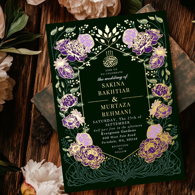 Invitación Con Relieve Metalizado Boda musulmana floral encantada de verde y morado (Subido por el creador)