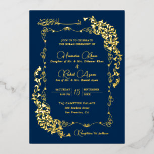 Invitación Con Relieve Metalizado Boda Musulmana Floral Paisley Azul Real Artístico 