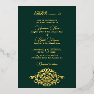 Invitación Con Relieve Metalizado Boda Musulmana Floral Paisley Verde Dorado Artísti