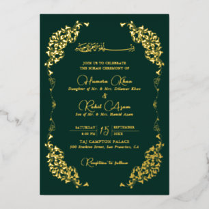 Invitación Con Relieve Metalizado Boda Musulmana Floral Paisley Verde Dorado Artísti