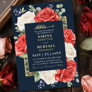 Invitación Con Relieve Metalizado Boda Musulmana Floral Roja y Blanca Azul