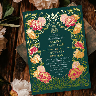 Invitación Con Relieve Metalizado Boda musulmana floral verde encantado