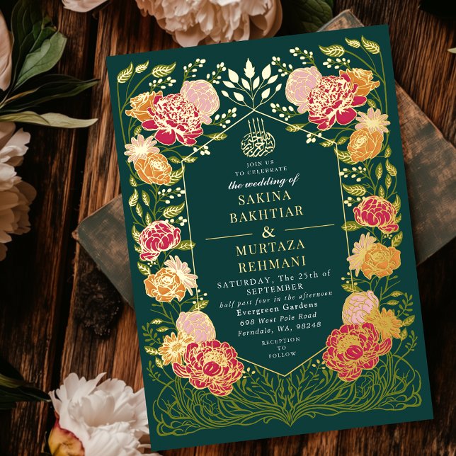 Invitación Con Relieve Metalizado Boda musulmana floral verde encantado (Subido por el creador)