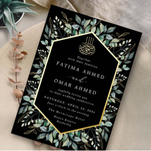 Invitación Con Relieve Metalizado Boda Musulmana Islámica de Hojas de Oro Negro Eleg