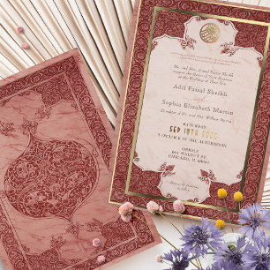Invitación Con Relieve Metalizado Boda Musulmana Tradicional de Encaje Rojo Rubí Sie