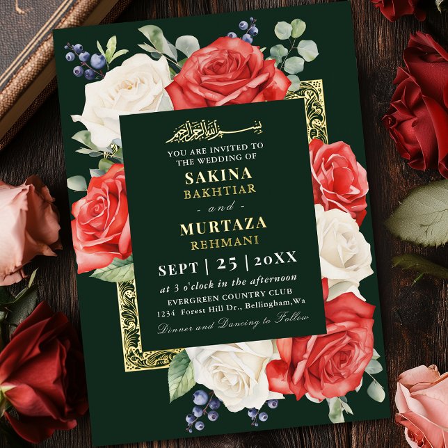 Invitación Con Relieve Metalizado Boda musulmana verde floral roja y blanca (Subido por el creador)