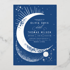 Invitación Con Relieve Metalizado Boda Mystical Crescent Moon Starry Night Boho