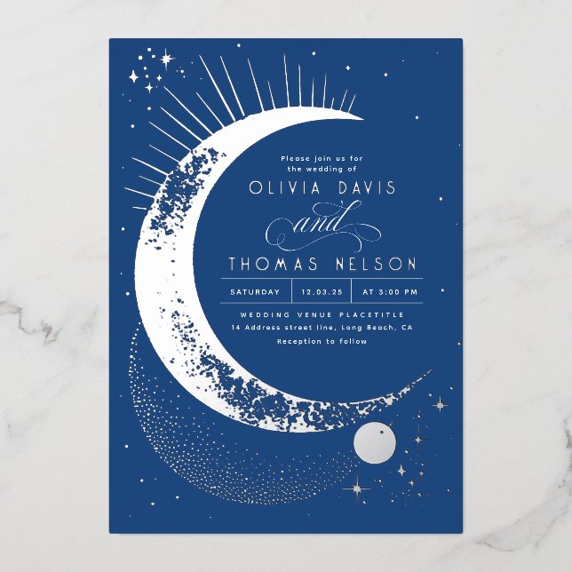 Invitación Con Relieve Metalizado Boda Mystical Crescent Moon Starry Night Boho (Anverso)