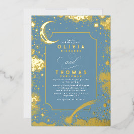 Invitación Con Relieve Metalizado Boda Mystical Crescent Moon Starry Night Boho