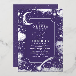 Invitación Con Relieve Metalizado Boda Mystical Crescent Moon Starry Night Boho