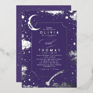 Invitación Con Relieve Metalizado Boda Mystical Crescent Moon Starry Night Boho