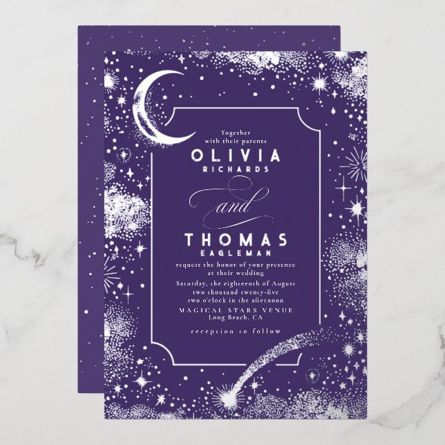 Invitación Con Relieve Metalizado Boda Mystical Crescent Moon Starry Night Boho (Anverso/Reverso)
