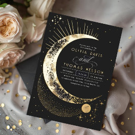 Invitación Con Relieve Metalizado Boda Mystical Crescent Moon Starry Night Boho