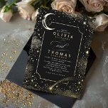 Invitación Con Relieve Metalizado Boda Mystical Crescent Moon Starry Night Boho<br><div class="desc">Esta encantadora invitación a la boda transporta a sus invitados a un impresionante paisaje nocturno, lleno de magia y misterio. Cuenta con una luminosa luna creciente, una estrella fugaz y la belleza intemporal de las constelaciones distantes, cada una meticulosamente detallada en los ricos y opulentos tonos de verdadero Relieve metalizado...</div>