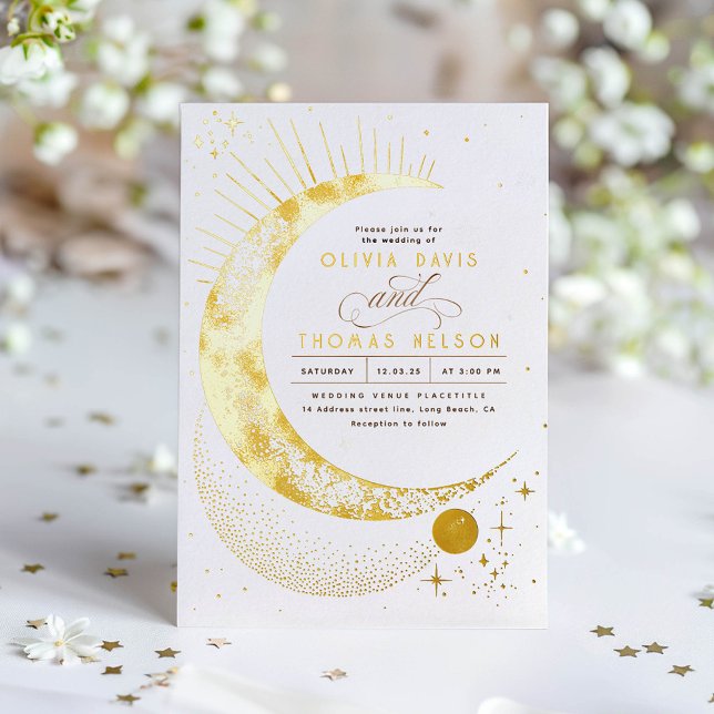 Invitación Con Relieve Metalizado Boda Mystical Crescent Moon Starry Night Boho (Real Gold Foil Celestial Wedding Invitation)