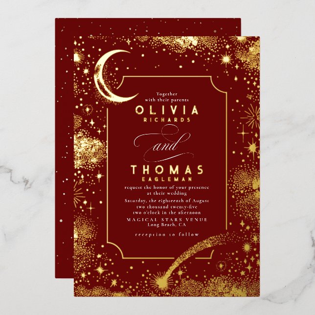 Invitación Con Relieve Metalizado Boda Mystical Crescent Moon Starry Night Boho (Anverso/Reverso)