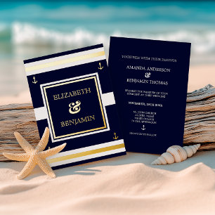 Invitación Con Relieve Metalizado Boda Náutica de Oro Costero Blanco Azul Marino