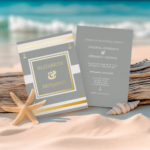 Invitación Con Relieve Metalizado Boda Náutica de Rayas Blancas y Grises Dorados Cos