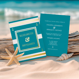 Invitación Con Relieve Metalizado Boda Náutica de Rayas Blancas y Teal Dorado Coster