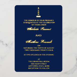 Invitación Con Relieve Metalizado Boda Náutica Elegante Faro - Azul Marino,