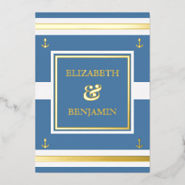 Invitación Con Relieve Metalizado Boda Náutico de franjas azules blancas de oro cost