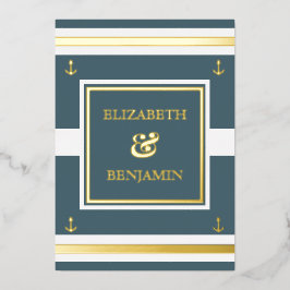 Invitación Con Relieve Metalizado Boda Náutico de franjas azules blancas de oro cost