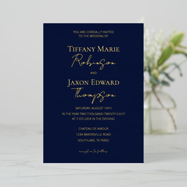 Invitación Con Relieve Metalizado Boda Navy Blue and Gold Luxe (Anverso de pie)