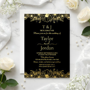 Invitación Con Relieve Metalizado Boda Negra con Hoja de Oro Botánica Moderna 