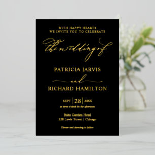 Invitación Con Relieve Metalizado Boda Negra Dorada Caligrafía Moderna y Elegante
