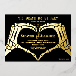 Invitación Con Relieve Metalizado Boda Negra Gótica Esqueleto Manos Hasta la Muerte
