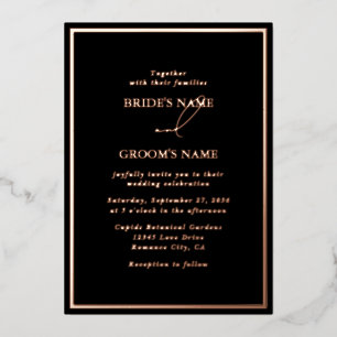 Invitación Con Relieve Metalizado Boda Negra Moderna con Hojas de Oro Rosa Reales