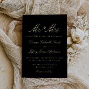 Invitación Con Relieve Metalizado boda negra MR & MRS oro